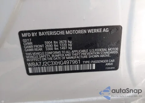 2017 BMW 740E xDrive Iperformance из США, поврежденный, VIN WBA7J2C3XHG497961